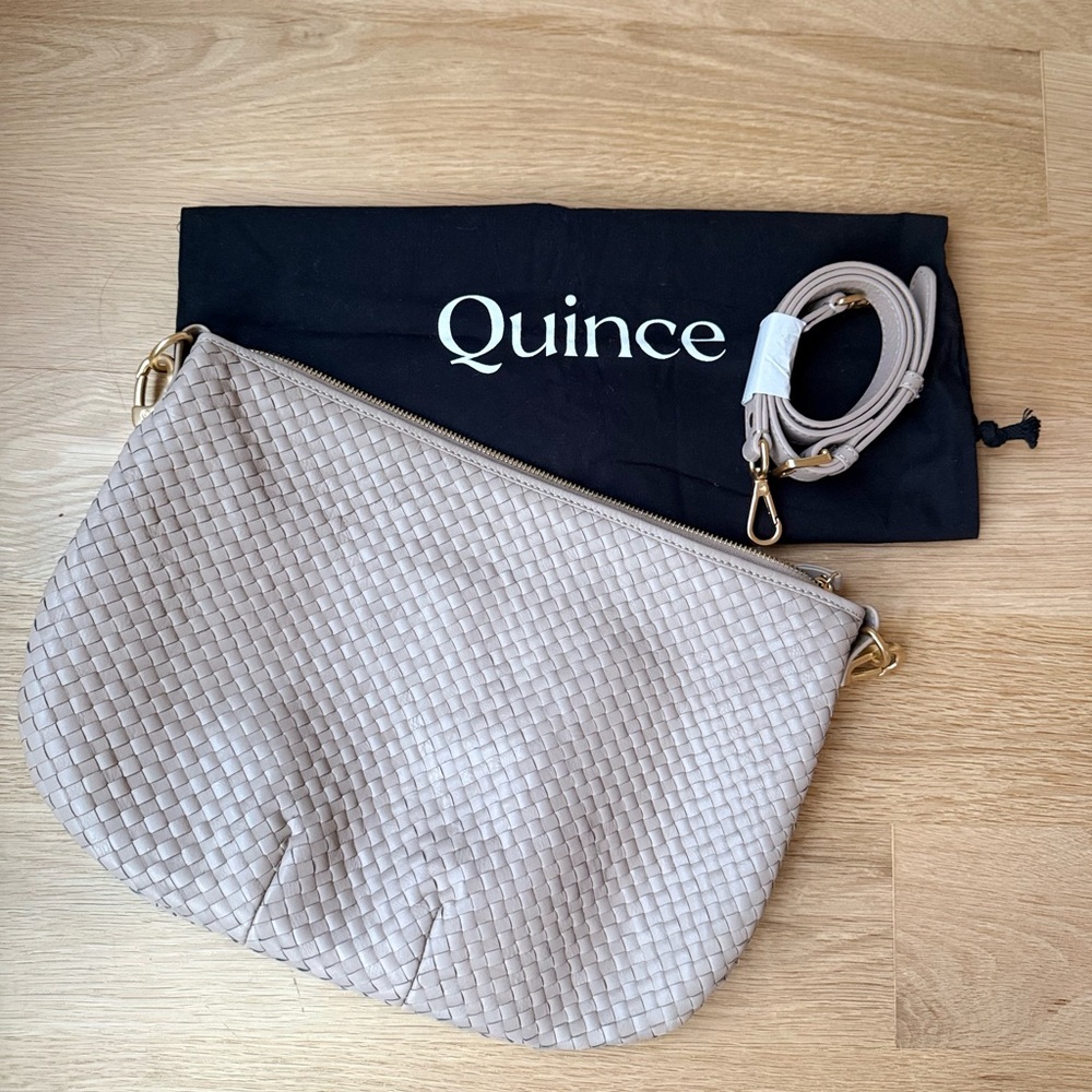 NEW Quince Italian Leather Convertible Crescent Handwoven Shoulder Bag - Taupe - Picture 9 of 12
